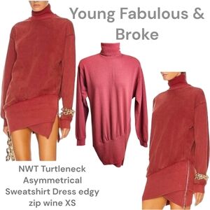 Young Fabulous & Broke Turtleneck Asymmetrical Sweatshirt Dress edgy zip wine XS